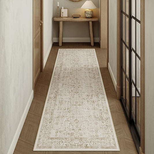 Light Brown Runner Rug 3x7 Hallway Machine Washable Kitchen Vintage Distressed Non Slip Long Carpet Indoor Retro Floral Bedroom Accent Throw Rug for Bathroom Office Laundry Dining Room