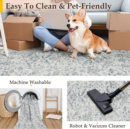 Blue 3x5 Entryway Rug Vintage Area Carpet Indoor Office Washable Door Mat Entrance Small Low Pile Traditional Distressed Retro Accent Throw Rug Non Slip Kitchen Bathroom