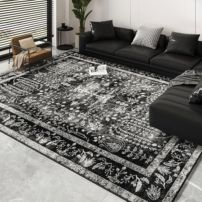 8x10 Area Rugs, Machine Washable Rugs for Living Room Modern Abstract Rug Soft Non-Skid Thin Carpet Indoor Floor Non-Shedding Carpets for Bedroom | Black