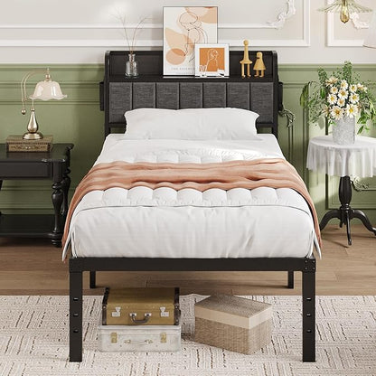 16 Inch Twin Bed Frames with Upholstered Storage Headboard, Heavy Duty Twin Platform Bed No Box Spring Needed, Noise Free, Easy Assembly, Gray
