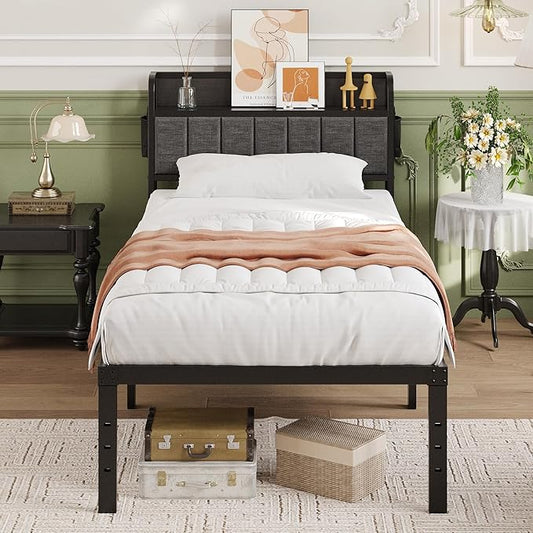 16 Inch Twin XL Bed Frames with Upholstered Storage Headboard, Heavy Duty XL Twin Bed Frame No Box Spring Need, Gray