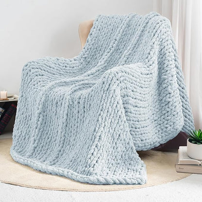 Chunky Knit Throw Blanket 60"X 80", 100% Handmade with Soft Chenille Yarn, 6.7lbs Thick Cable Knitted Blankets, Large Rope Knot Crochet Throws for Couch Sofa Bed Home Decor, Baby Blue
