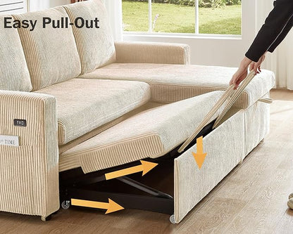 Vipbear 80" Sectional Sleeper Sofa Bed with Pull Out Bed, L Shaped Couch Pull Out Couch with Reclining Backrest, Reversible Storage Chaise, USB Ports, Tool-Free Assembly, Corduroy Beige Color