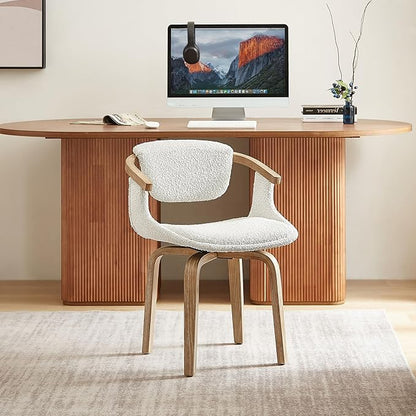 Art Leon Desk Chair No Wheels, Mid Century Modern Swivel Accent Chair, Boucle Fabric Home Office Desk Chair for Small Spaces Living Room Bedroom, White