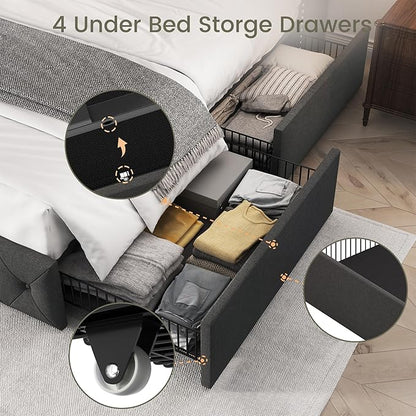 LARMACE Full Size Bed Frame with 4 Storage Drawers and Wingback Headboard Linen Upholstered Platform Bed Frame Tufted Beds with Wooden Slats Support, Easy Assembly, Dark Grey