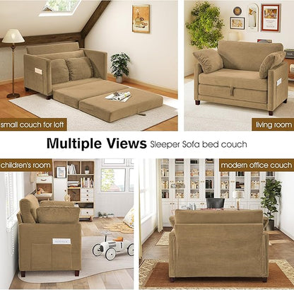 51" Loveseat Sleeper Sofa Bed, Corduroy Convertible Floor Sofa Bed for Small Spaces, Folding Couch Bed with Deep Seat, 2 Pillows & Solid Frame, Pull Out Floor Couch for Living Room, Brown