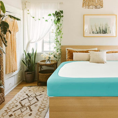 Biscaynebay Decorative Box Spring Cover Queen Size, Aqua Luxurious Jersey Knitting Stretchy Wrap Around 4 Sides Bed Skirt for Home/Hotels, Easy Fit Wrinkle & Fade Free Machine Washable