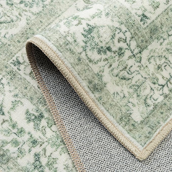 Runner Rug 2x6 Sage Green Hallway Washable Vintage Distressed Kitchen Carpet Non Slip Neutral Low Pile Retro Floral Farmhouse Long Throw Rug Entryway Bathroom Office Laundry Dining Room