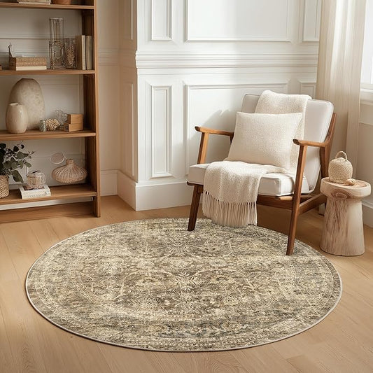 FMFUNCTEX 4ft Round Washable Area Rug Brown Vintage Neutral Distressed Small Non Slip Carpet for Living Room Bedroom Soft Low Pile Indoor Mat Retro Floral Throw Rug for Dining Room Kitchen Office