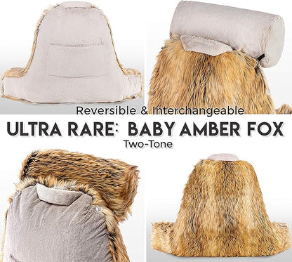Husband Pillow XXL Ultra Rare Baby Amber Fox Fabulous Faux Fur Backrest, Two-Tone Reversible Double Sided Reading & Bed Rest Pillow with Arms & Neck Roll, Adjustable Memory Foam - Extremely Comfy