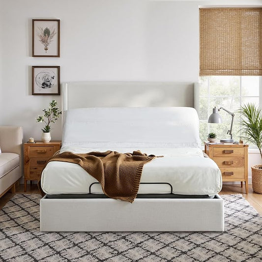 Queen All-in-One Adjustable Bed Frame with Upholstered Wingback Headboard, Head and Foot Incline, Zero Gravity, Massage, App and Wireless Remote, No-Noise, Minimalist, Textured Ivory Canvas