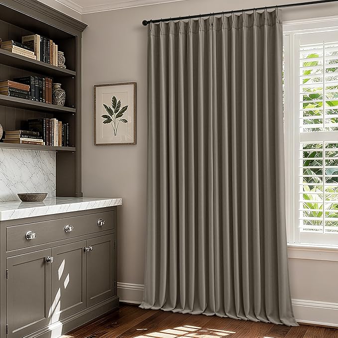 Dark Flax 100 Inch Blackout Pinch Pleated Curtains 2 Panel Set for Living Room Darkening Thick Linen Textured 100% Black Out Drapes 100 Inches Long Pinch Pleat Light Blocking Bedroom Taupe Gray