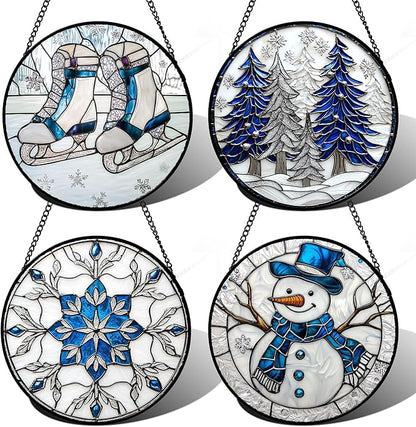 Stained Glass Window Hanging 4 Pcs Set White Winter Christmas Snow Scene Large 11.8" - Suncatcher Door Garden Sun Catcher Decor Birthday for Mom Woman Nana Men Friend Wife