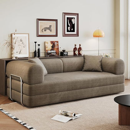 79" Convertible Sofa Bed with Fixed-Shape Frame, Corduroy Folding Pull Out Couch, No Assembly Modern Boneless Couch Compression Sofa in Box, Floor Sofa for Living Room,Camel