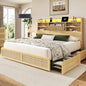 King Size Rattan Bed Frame with 4 Storage Drawers and Hidden Storage Headboard Wooden Platform Bed Frame with LED Lights and Charging Station, No Box Spring Needed, Easy Assembly, Natural