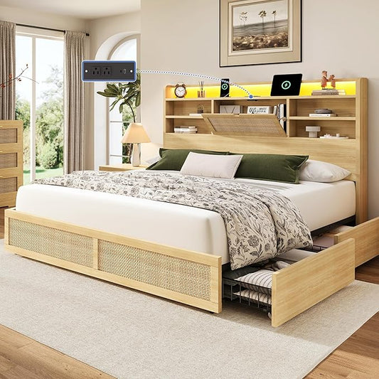 Queen Size Rattan Bed Frame with 4 Storage Drawers and Hidden Storage Headboard Wooden Platform Bed Frame with LED Lights and Charging Station, No Box Spring Needed, Easy Assembly, Natural