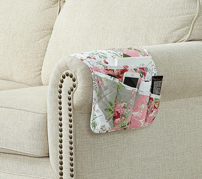 Brilliant Sunshine Peach Flowers Patchwork Couch Armrest 5 Pockets Organizer, Slip Resistant Recliner Armchair Caddy, Washable Remote Controls Holder, Storage for Magazine, Tablet, iPad, Peach Olive