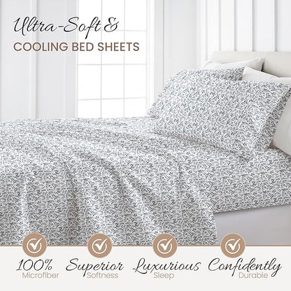 Linen Market Double-Brushed Patterned Microfiber Full Sheet Set 4 Piece – Oeko-TEX Certified Ultra Soft & Wrinkle-Free - 16" Deep Pocket Sheets - Easy Care Full Size - Burst of Vines Navy