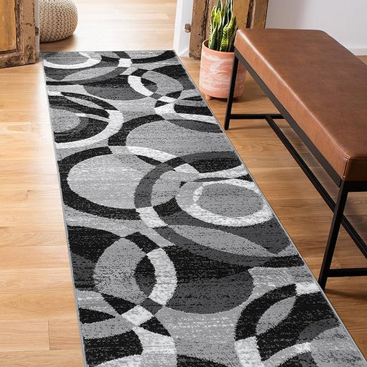 Rugshop Gray Modern Geometric Runner Rug, Abstract Circles, High-Traffic, Non-Shedding, for Hallway, Entryway and Kitchen, 2' x 10'