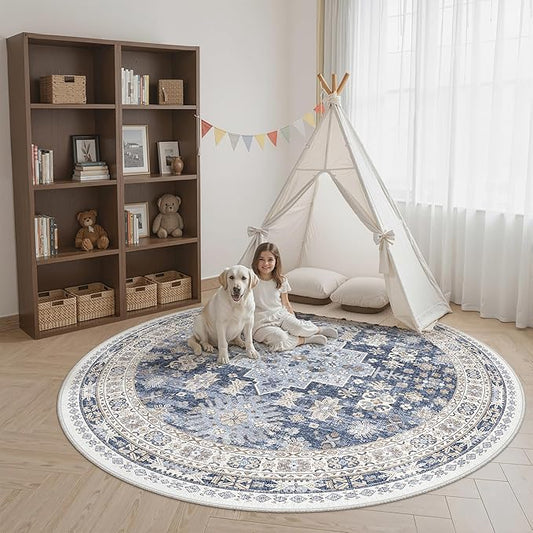 zesthome 8ft Round Rugs for Living Room, Non-Slip Washable Round Area Rugs, Ultra-Thin Large Circle Rugs, Soft Low Pile Rug for Bedroom, Kitchen - Vintage Stain Resistant Round Rug (Blue/Beige,8'x8')