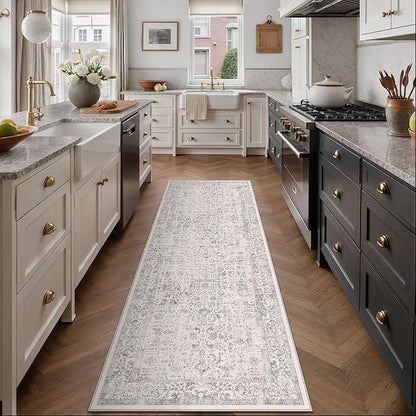 Gray Runner Rug 2'6"x10' Washable Carpet for Hallway Kitchen Vintage Distressed Non Slip Indoor Grey Retro Floral Bedroom Accent Throw Long Rug Bathroom Office Laundry Dining Living Room