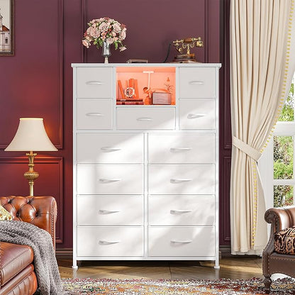 Dresser for Bedroom with 13 Fabric Drawers, White Dresser with LED and 4 Charging Ports and Open Shelves, 47''H Chest of Drawers for Entryway, Hallway