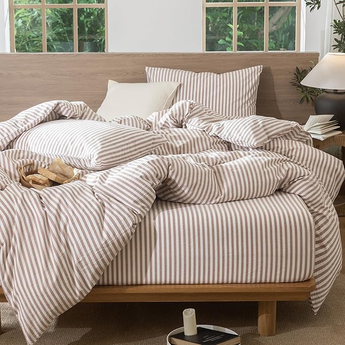 MooMee Striped Duvet Cover Set 100% Washed Cotton Linen Like Textured Breathable Durable Soft Comfy (Orange Classic Stripes, Oversized Queen 98"x98")