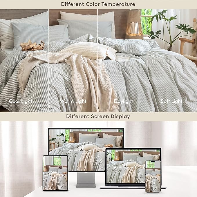 MooMee Striped Duvet Cover Set 100% Washed Cotton Linen Like Textured Breathable Durable Soft Comfy (Heathered Green Pinstripes, Oversized Queen 98"x98")