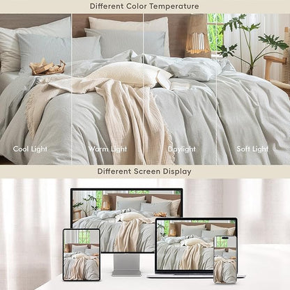 MooMee Striped Duvet Cover Set 100% Washed Cotton Linen Like Textured Breathable Durable Soft Comfy (Heathered Green Pinstripes, Alaska King 132"x120")