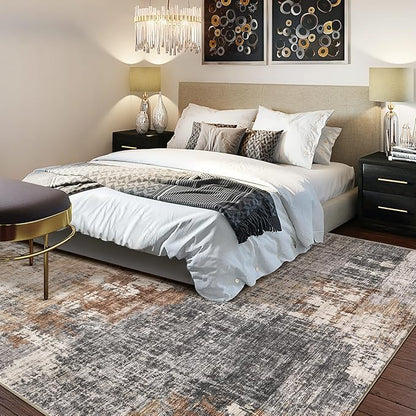 Area Rug Living Room Rugs - 8x10 Washable Large Soft Indoor Neutral Modern Abstract Low Pile Rug Carpet for Bedroom Dining Room Farmhouse Home Office - Grey Brown