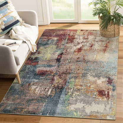 Lahome Modern Abstract Area Rug - 3x5 Washable Bedroom Rug Soft Throw Entry Mat Non-Slip, Contemporary Faux Wool Stain Resistant Floor Carpet for Living Room Kitchen Chair Door,Red/Multi