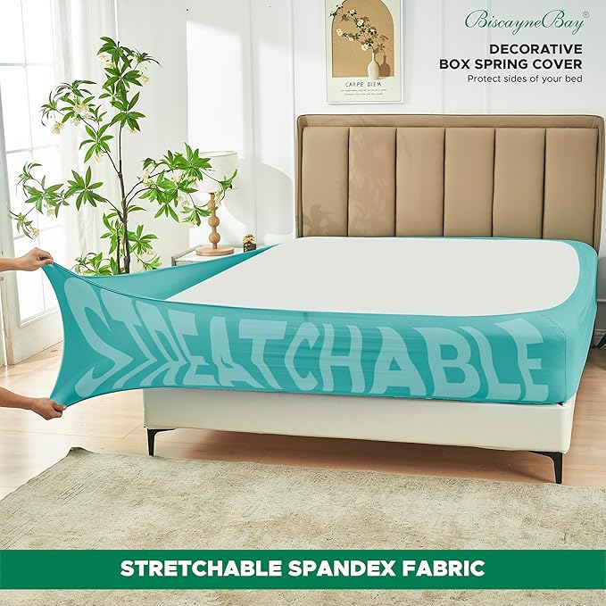 Biscaynebay Decorative Box Spring Cover King & Cal King Size, Aqua Luxurious Jersey Knitting Stretchy Wrap Around 4 Sides Bed Skirt for Home/Hotels, Easy Fit Wrinkle & Fade Free Machine Washable