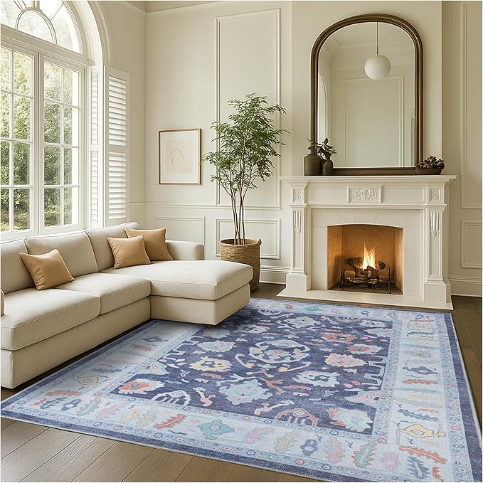 Fame Rugs Navy Blue Modern Oushak Rug 9x12, Vintage Turkish Colorful Oriental Washable Antique Inspired Oversize Area Rugs, Luxury Living Room Bedroom (386PBL, 9' x 12) (388NB, 9' x 12)