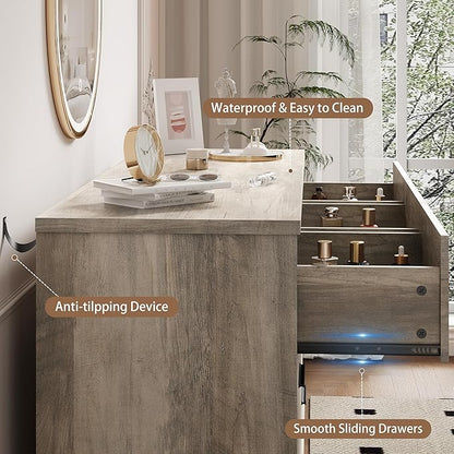 Dresser for Bedroom with 7 Drawer, Wood Modern Chest of Drawers with X-Shaped Sturdy Base, Wide Double Dresser Closet Clothes Storage Organizer, Wooden TV Stand for Living Room, Hallway, Grey