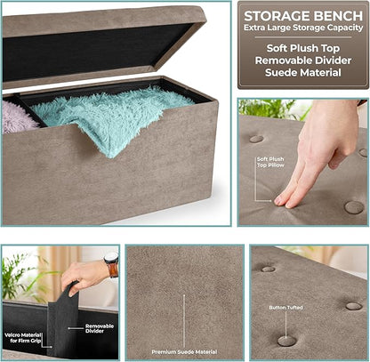 Sorbus 43 Inch Beige Ottoman with Storage Bench – Folding Bed Bench 80L Storage Ottoman Chest with Cover - Shoes Linen, Hope Chest Ottoman Seat Footrest – Plush Tufted Suede Fabric -450 Lbs.