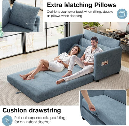 51" Loveseat Sleeper Sofa Bed, Chenille Convertible Floor Sofa Bed for Small Spaces, Folding Couch Bed with Deep Seat, 2 Pillows & Solid Frame, Pull Out Couch for Living Room, Light Blue