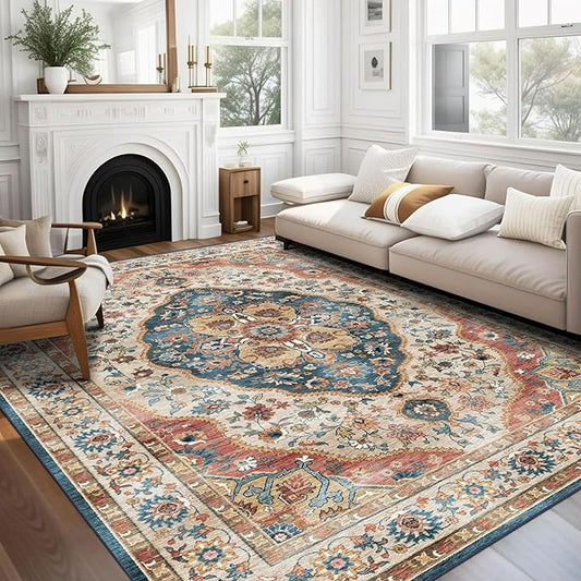 vivorug 9x12 Area Rugs for Living Room, Non Slip Machine Washable Vintage Beige Rug, Ultra-Thin Lightweight Large Area Rug for Bedroom, Dining Room, Low Pile