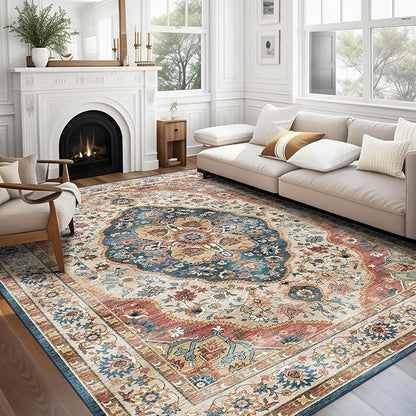 vivorug 5x7 Area Rugs - Ultra-Thin Washable Rug with Non-Slip Backing, Ideal for Living Room, Bedroom, Kitchen Floor Carpet - Vintage Style, Easy Clean, Durable, Low Pile Rug Beige