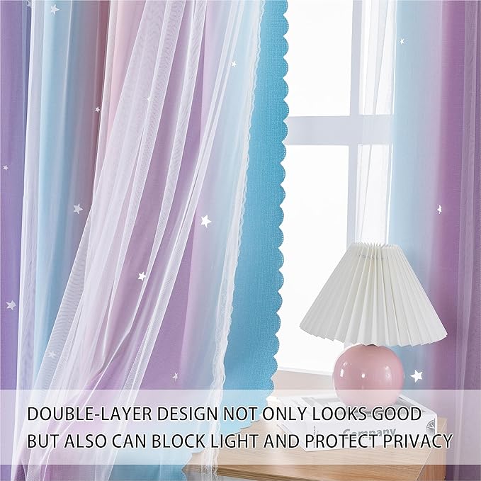 XiDi Dream Star Blackout Curtains for Kids Rooms Girl Princess Curtain for Daughter Bedroom Window (Pink Purple, W34 X L84)