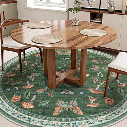 Mushroom Insect 4ft Round Rug Washable Non-Slip Soft Ultra-Thin Small Boho Circle Carpet for Entryway Kitchen Bedroom Nursery Dining Room Green