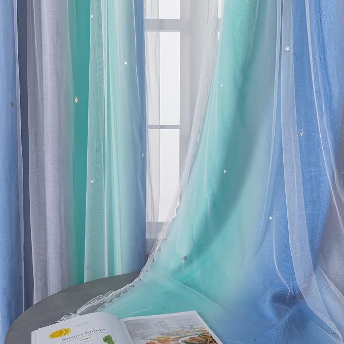XiDi Curtains for Bedroom Decor, Rainbow BluGrenGrey-52-90