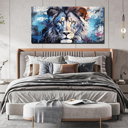 ENTANUB Lion Canvas Wall Art for Living Room, Blue Print Painting for Bedroom, Animal Picture Decor, Large Size 48x24 Inches