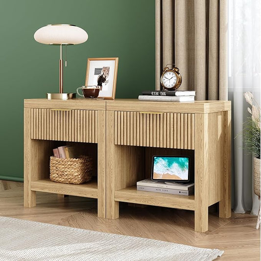 Nightstand Set of 2, End Table with 2 Drawers, Modern Bed Side Table with Storage, Farmhouse Fluted Cabinet Bedside Cabinet for Bedroom Living Room Sofa Couch Office Natural Oak