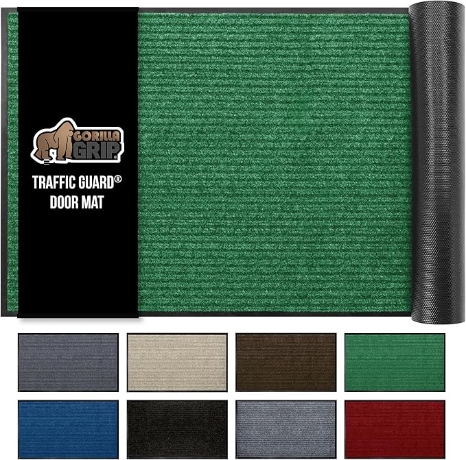 GORILLA GRIP Waterproof Traffic Guard Door Mat, Heavy Duty Entryway Mats, Strong Rubber Back Commercial Utility Rugs for Office Hallway, Garage Floor and Home, Low Profile Carpet Runner, 29x17, Green