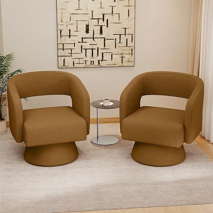 Swivel Accent Chair, Modern Comfy Teddy Barrel Chairs, Oversized Upholstered Round Arm Chair for Living Room, Bedroom, Reading Room, Brown, 1 PCS