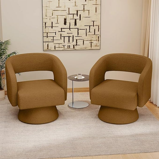 Swivel Accent Chair Set of 2, Modern Comfy Teddy Barrel Chairs, Oversized Upholstered Round Arm Chair for Living Room, Bedroom, Reading Room, Brown