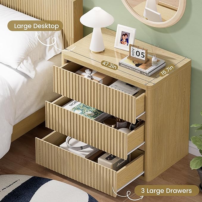 Fluted Nightstand with 3 Drawers, Wood Night Stand with Storage, 25" Wide Side Table, Modern Bedside Table for Bedroom, End Table for Living Room, Handleless Design, Curved Profile, Natural Oak 1PC