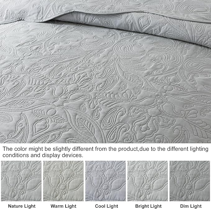 HoneiLife King Quilt Bedding Set - 3 Pieces Microfiber Quilt Sets Lightweight Bedspreads Reversible Coverlets Retro Bed Cover Quilt King Size All Season Quilts-Light Grey