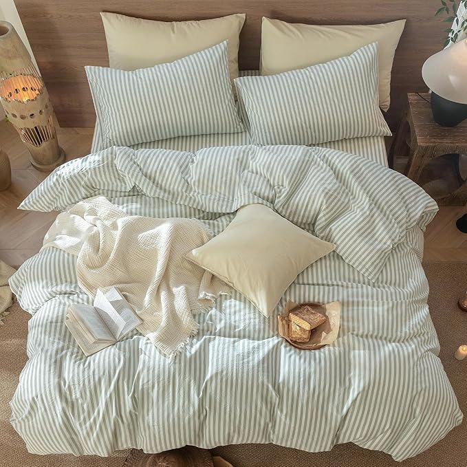MooMee Striped Duvet Cover Set 100% Washed Cotton Linen Like Textured Breathable Durable Soft Comfy (Sage Green White Classic Stripes, Oversized Queen 98"x98")