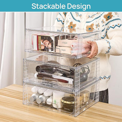 Vtopmart 4 Pack Large Stackable Storage Drawers,Easily Assemble Acrylic Bathroom Closet Undersink Organizers and Storage,Plastic Storage Bins for Kitchen Cabinets,Pantry,Makeup,Medicine Organization